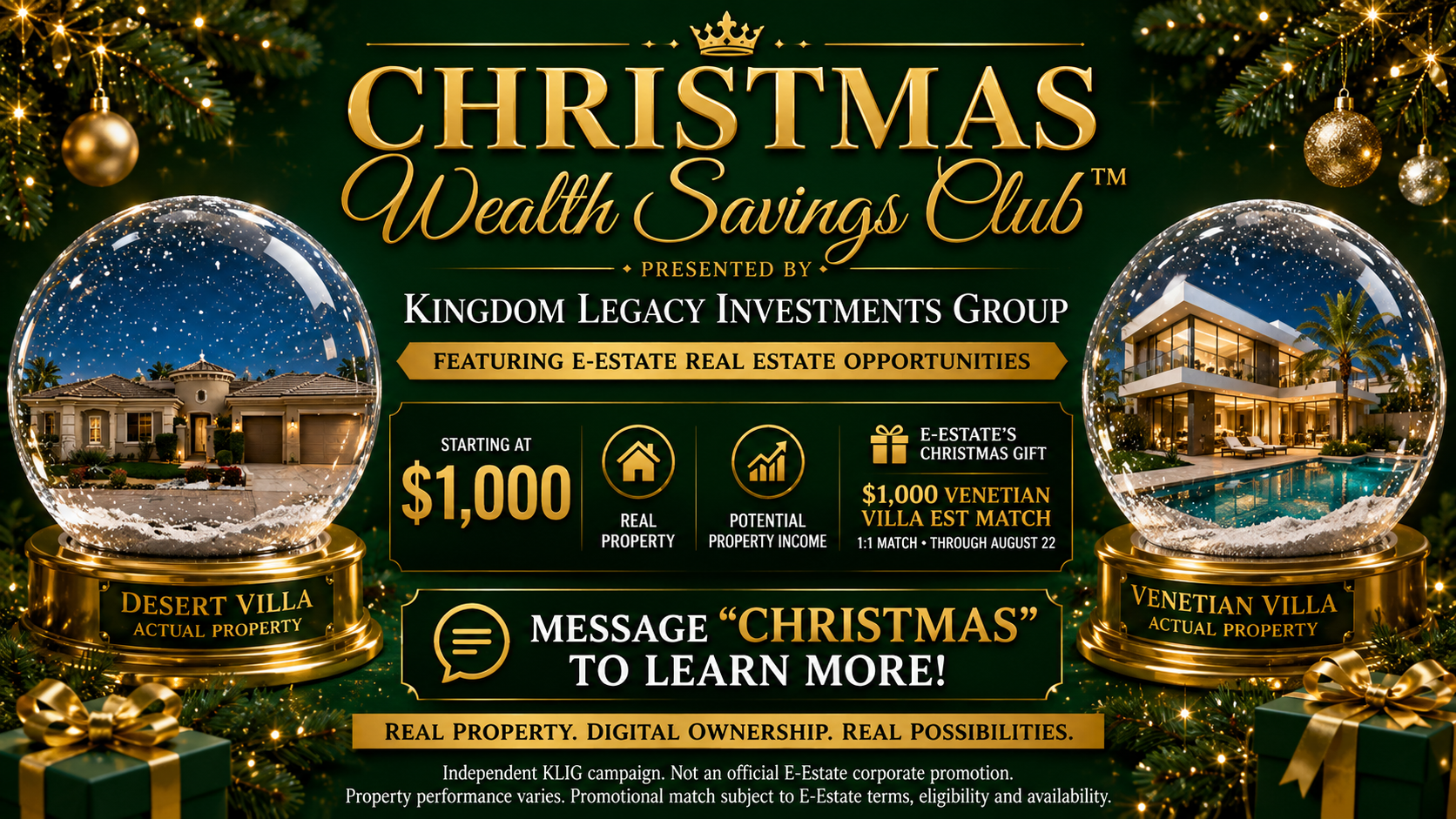Christmas Wealth Savings Club Desert Villa and Venetian Villa campaign graphic